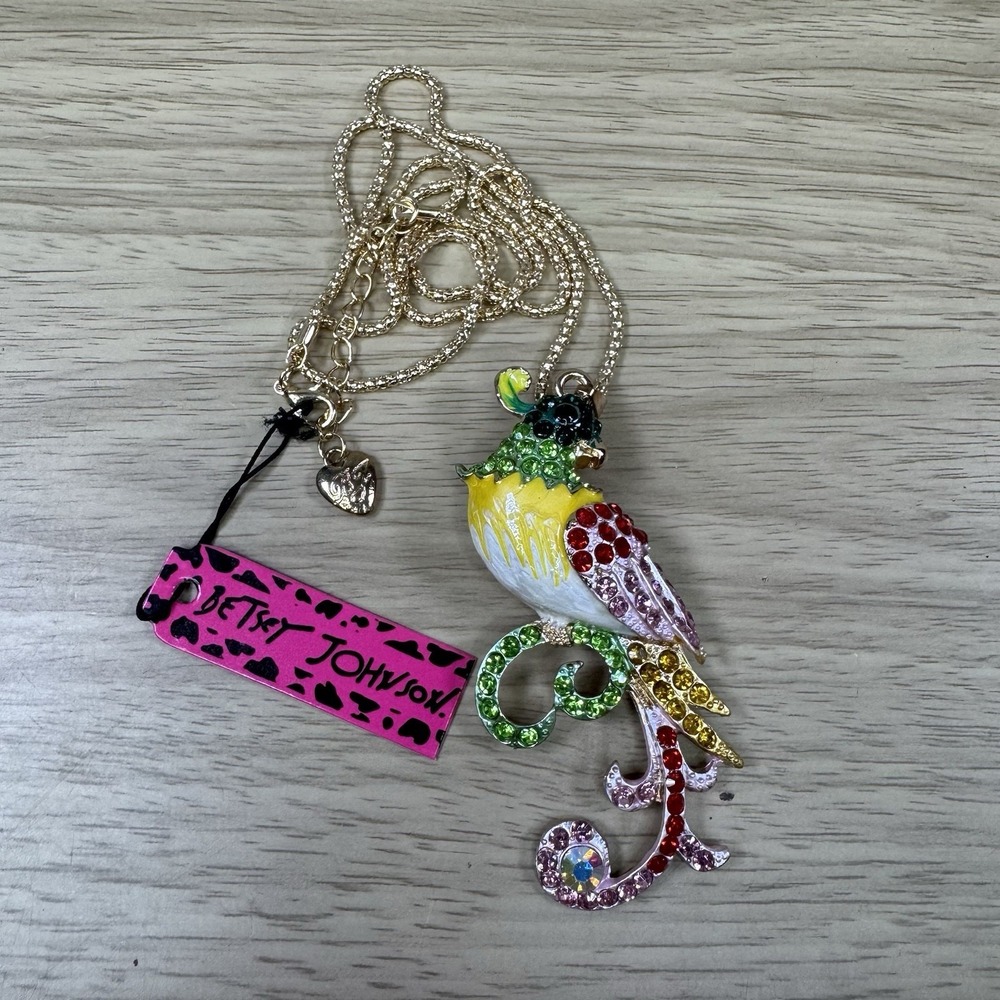 NEW Betsey Johnson Crystal Rainbow Parrot 3D Gold Pendant Necklace Pheasant Bird